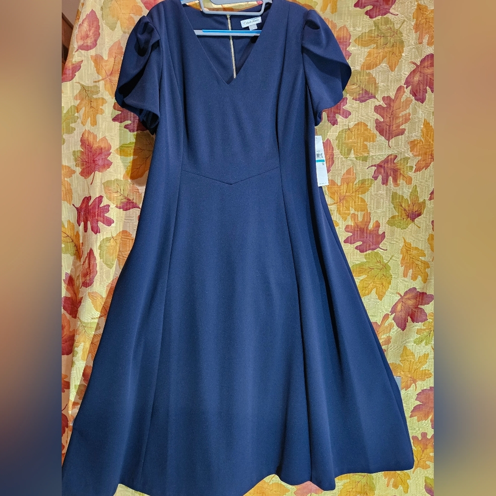 Calvin Klein Women's Navy Blue Tulip sleeve dress-sz 16